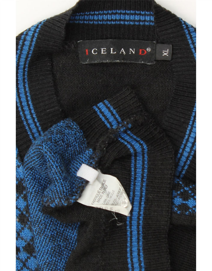 Pulover pentru bărbați Islanda cu decolteu în V, XL, albastru, lână Argyle/Diamond