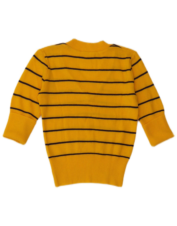 Pulover vintage pentru femei cu mâneci jumate, cu decolteu în V, cu dungi galbene, UK 4 XS