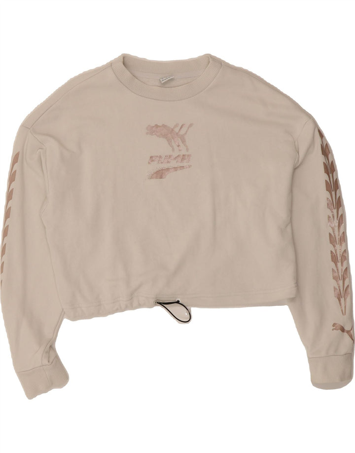 PUMA Womens Oversized Graphic Crop Sweatshirt Jumper UK 10 Small White Vintage Puma and Second-Hand Puma from Messina Hembry 
