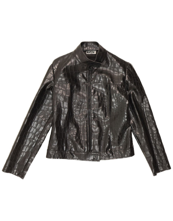 Jachetă vintage pentru femei din piele artificială cu imprimeu animal mic, negru, UK 10