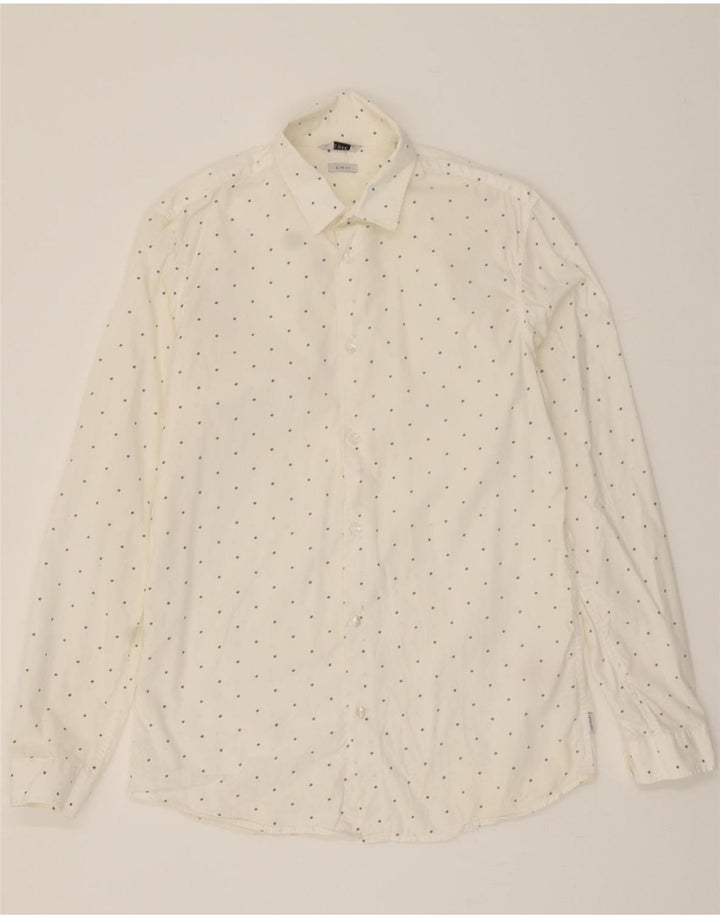 JACK & JONES Mens Slim Fit Shirt Medium White Spotted Cotton Vintage Jack & Jones and Second-Hand Jack & Jones from Messina Hembry 