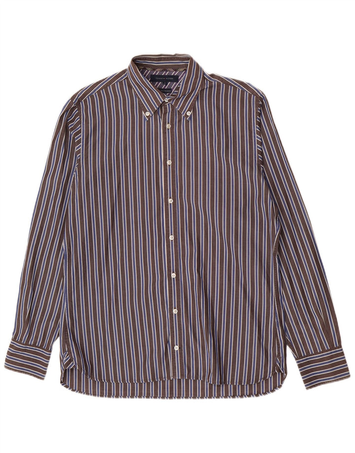 Cămașă pentru bărbați Tommy Hilfiger, bumbac cu dungi maro mediu