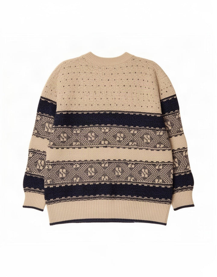 Pulover vintage pentru bărbați cu decolteu triplu, mare, bej, geometric