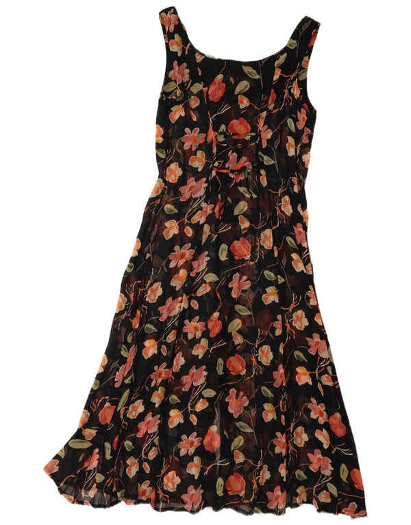 Rochie de soare maxi vintage pentru femei UK 14, mare, neagră, florală