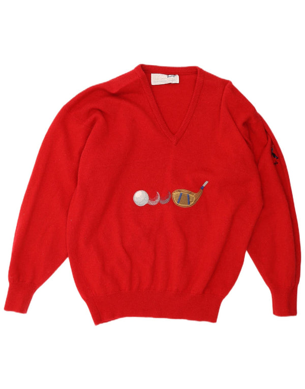 PRINGLE Pulover cu decolteu în V cu grafic pentru femei UK 18 XL Lână roșie