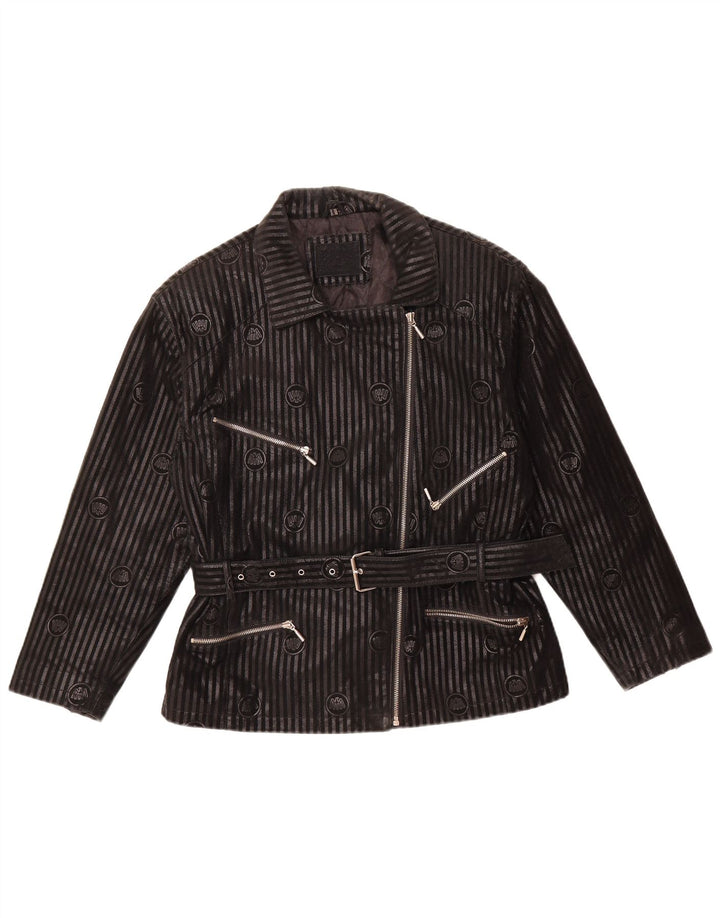 VINTAGE Womens Leather Biker Jacket IT 42 Medium Black Striped Leather