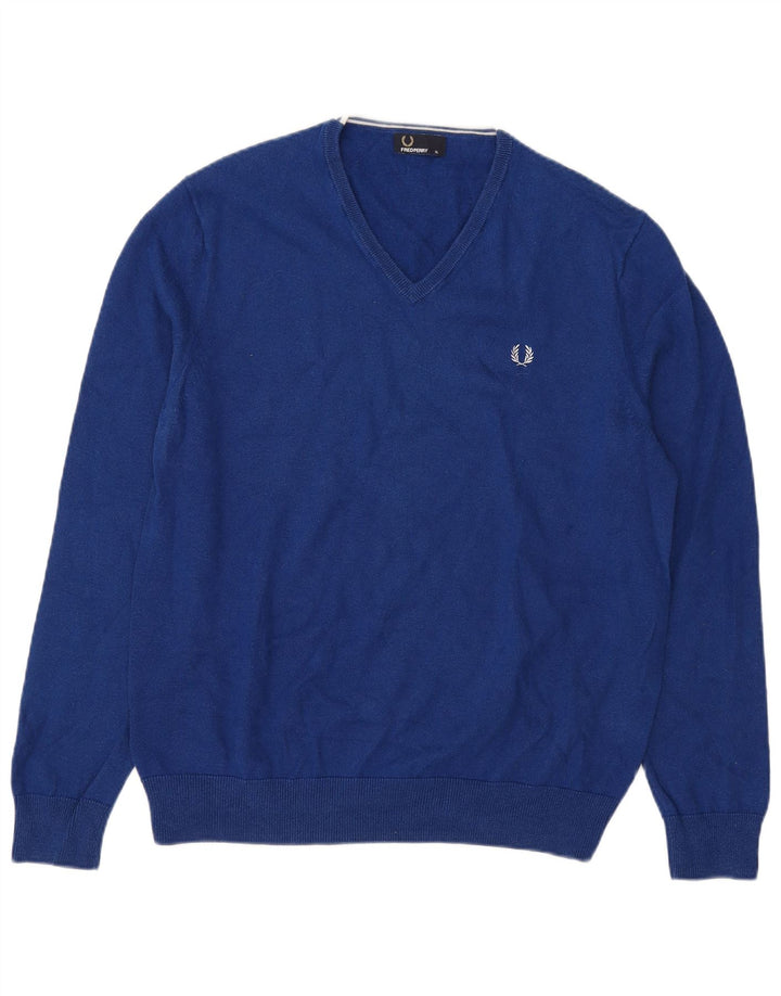 Fred Perry Pulover cu decolteu în V pentru bărbați, XL, lână albastră