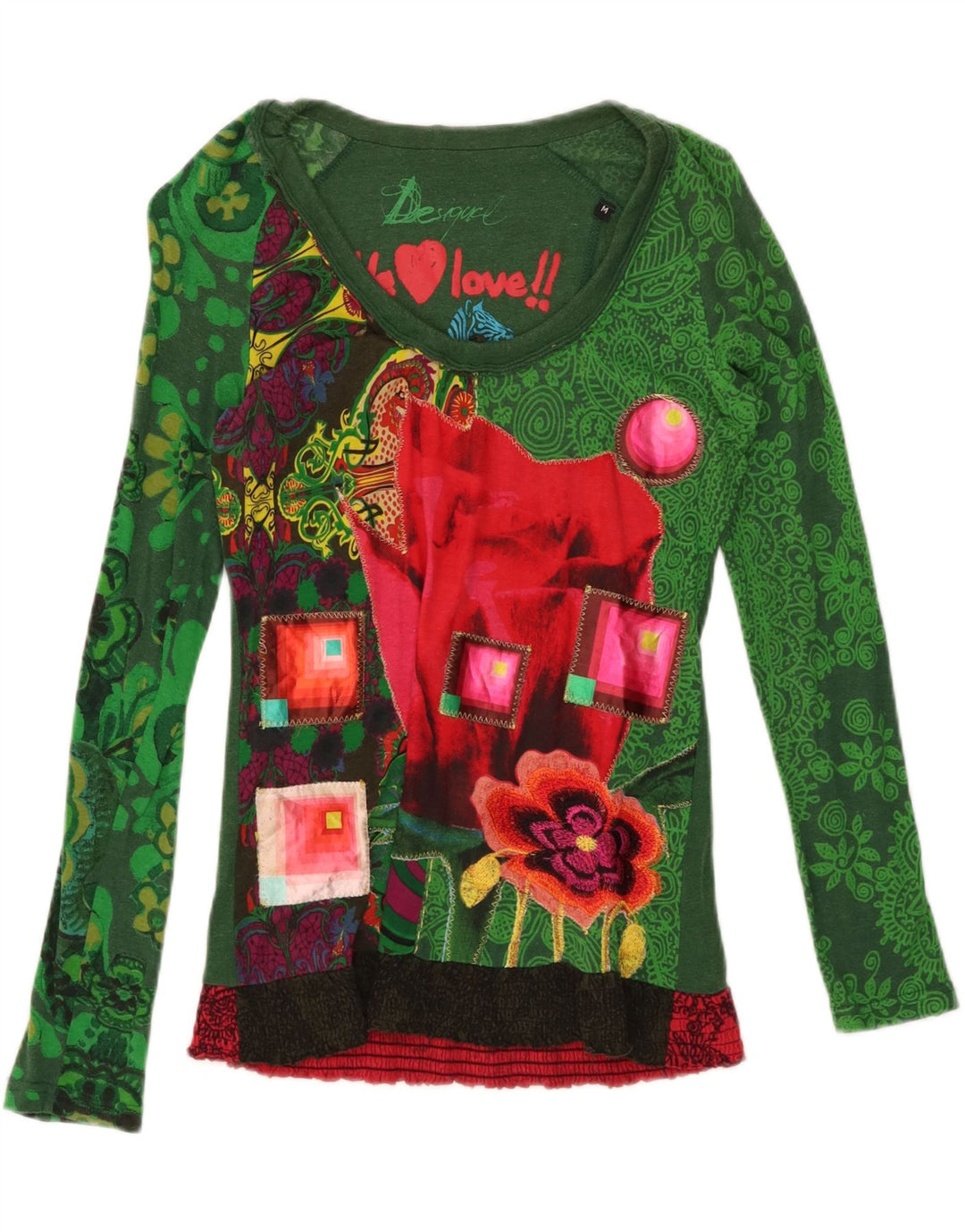 Top grafic pentru femei Desigual cu mânecă lungă UK 14, bumbac verde mediu