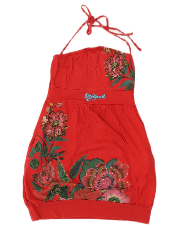 Desigual Womens Graphic Halter Top UK 4 XS Red Floral Bumbac