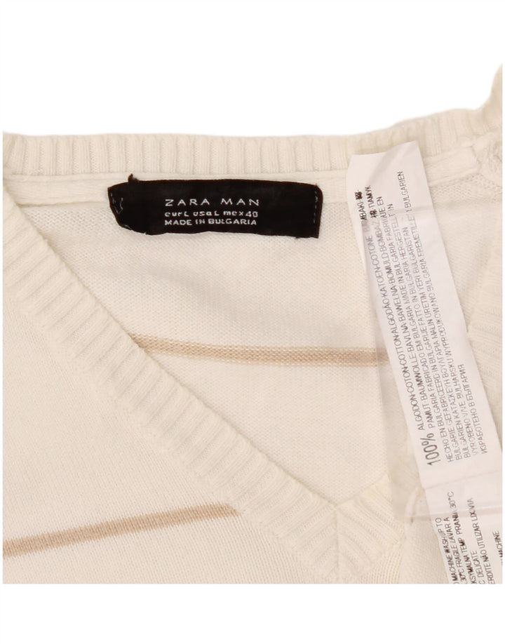 ZARA Mens V-Neck Jumper Sweater Large White Striped Cotton