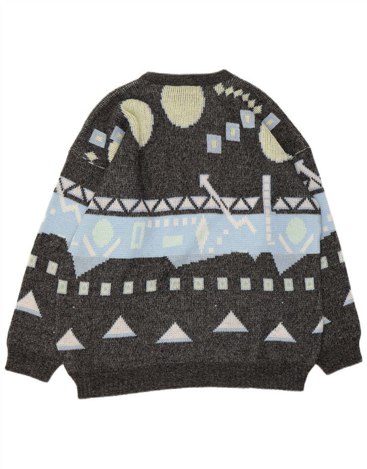 Pulover vintage pentru bărbați cu gâtul turnat mare, gri geometric