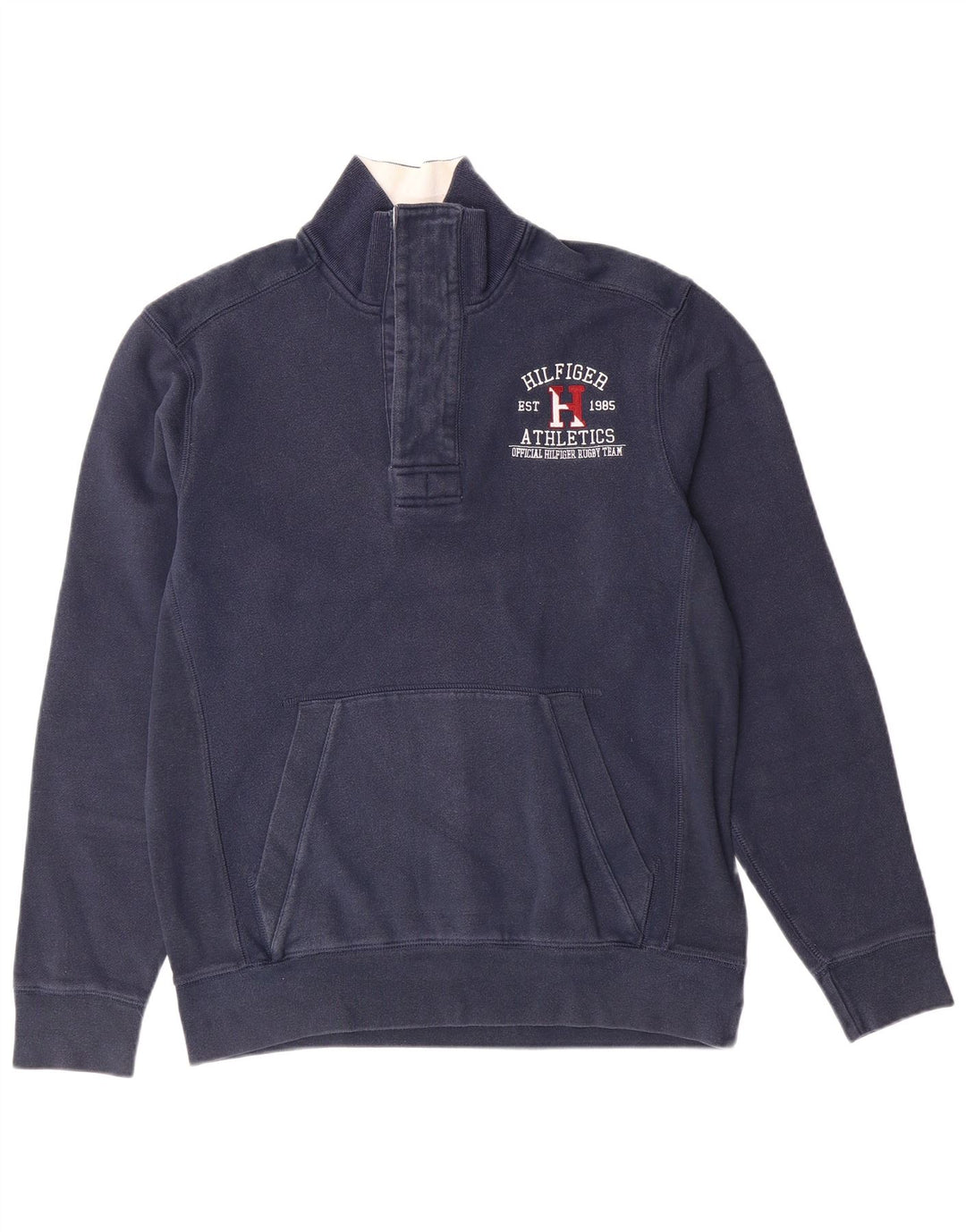 TOMMY HILFIGER Mens Graphic Button Neck Sweatshirt Jumper Small Navy Blue