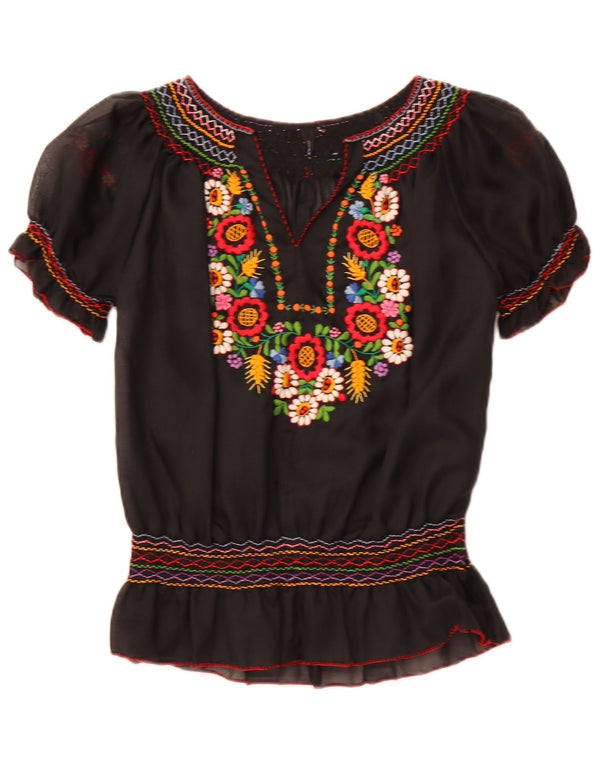 Bluză VINTAGE pentru femei See Through Top UK 16 Large Black Floral