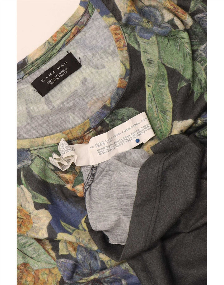 Tricou grafic pentru bărbați Zara Top mare, gri, cu flori din poliester