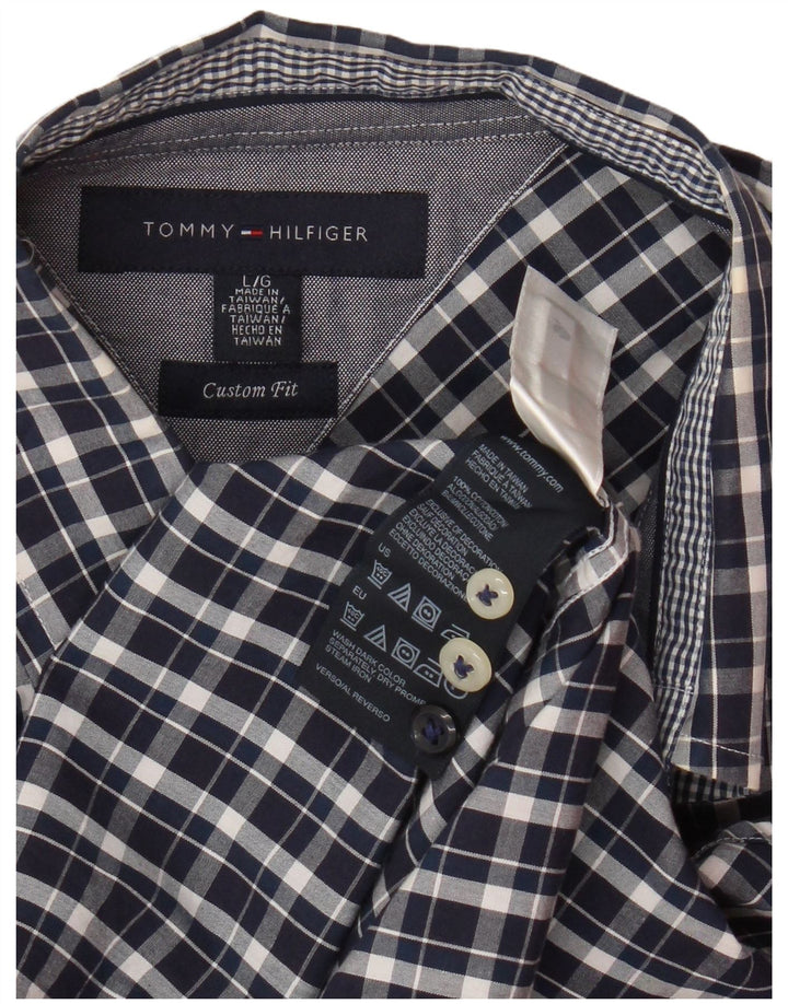 TOMMY HILFIGER Mens Custom Fit Shirt Large Navy Blue Check Cotton