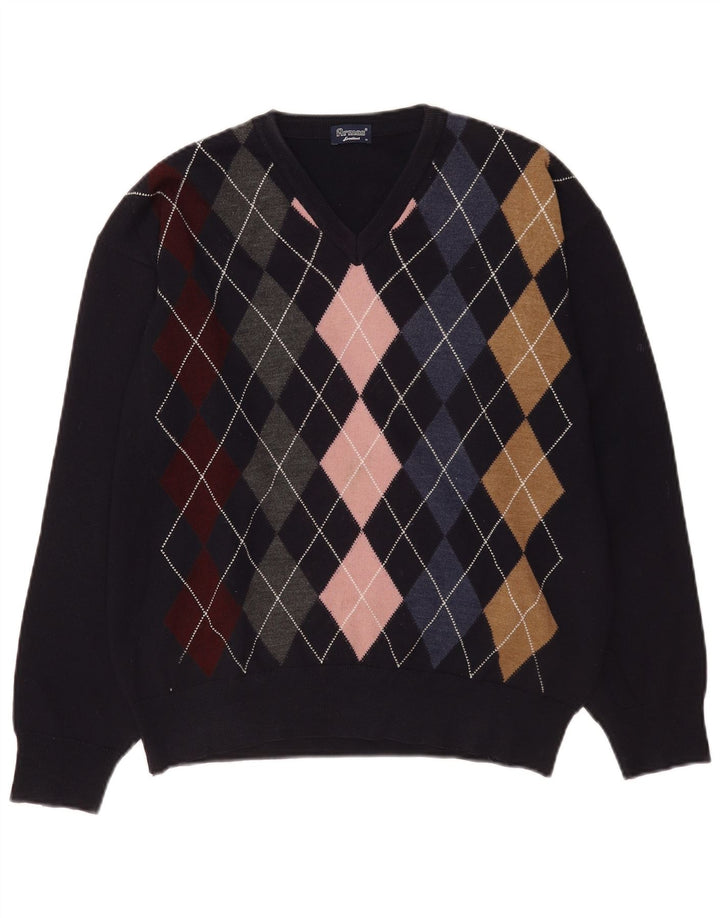 Pulover vintage pentru bărbați cu decolteu în V, mediu, albastru marin Argyle/lana diamantată