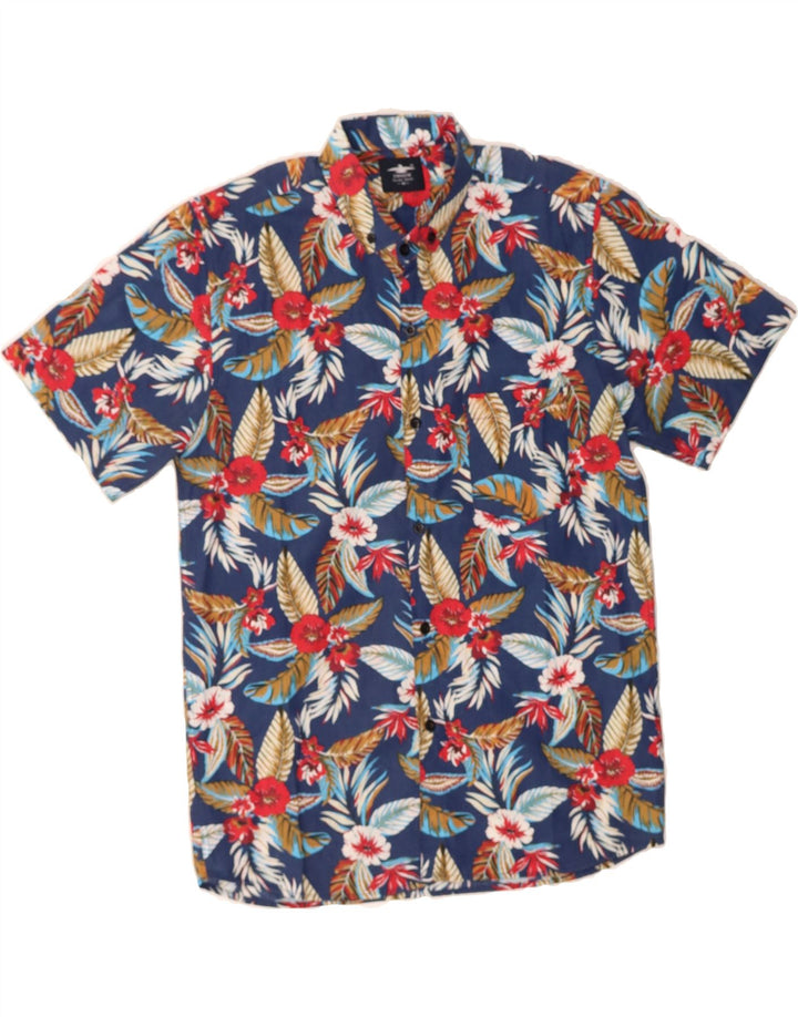 VINTAGE Mens Short Sleeve Shirt Medium Navy Blue Floral Vintage Vintage and Second-Hand Vintage from Messina Hembry 