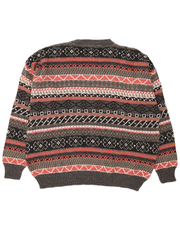 Pulover vintage pentru bărbați cu gâtul turnat mare, gri geometric, acrilic