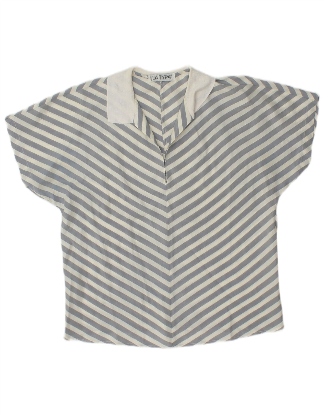 Bluză vintage pentru femei cu mânecă scurtă, cămașă cu pulover UK 14, gri mediu cu dungi