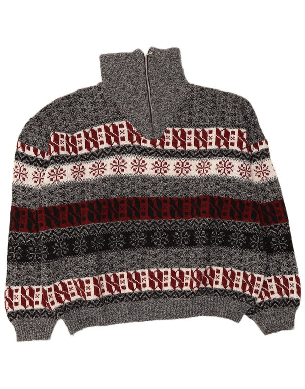 Pulover vintage pentru femei cu fermoar și gât UK 14 Medium Gri Fair Isle
