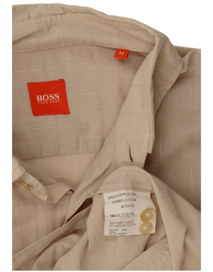 HUGO BOSS Mens Short Sleeve Shirt Medium Beige Check Cotton