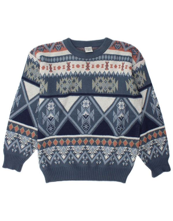 Pulover vintage pentru bărbați, cu croiala lejeră, cu decolteu tripu, UK 34/36 XS Blue Fair Isle