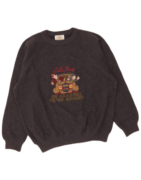 Pulover vintage pentru femei cu decolteu rotund cu grafică UK 14 Lână mare gri