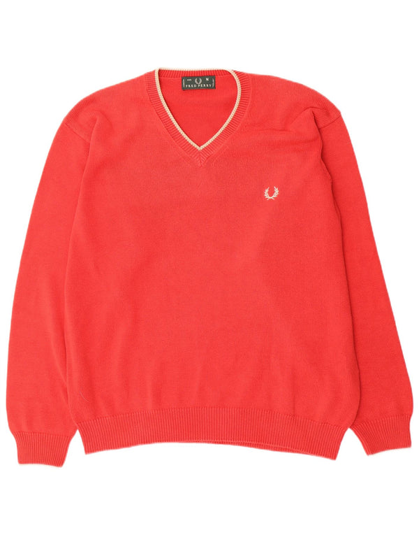 FRED PERRY Mens V-Neck Jumper Sweater Medium Red Cotton