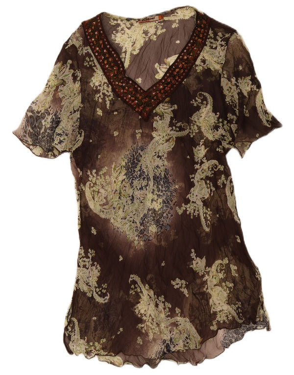 Rochie tunică vintage cu mâneci scurte pentru femei UK 14 Medium Brown Floral