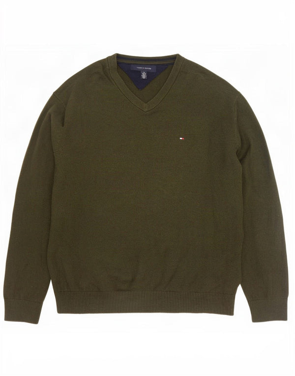 Pulover cu decolteu în V Tommy Hilfiger pentru bărbați, bumbac kaki XL