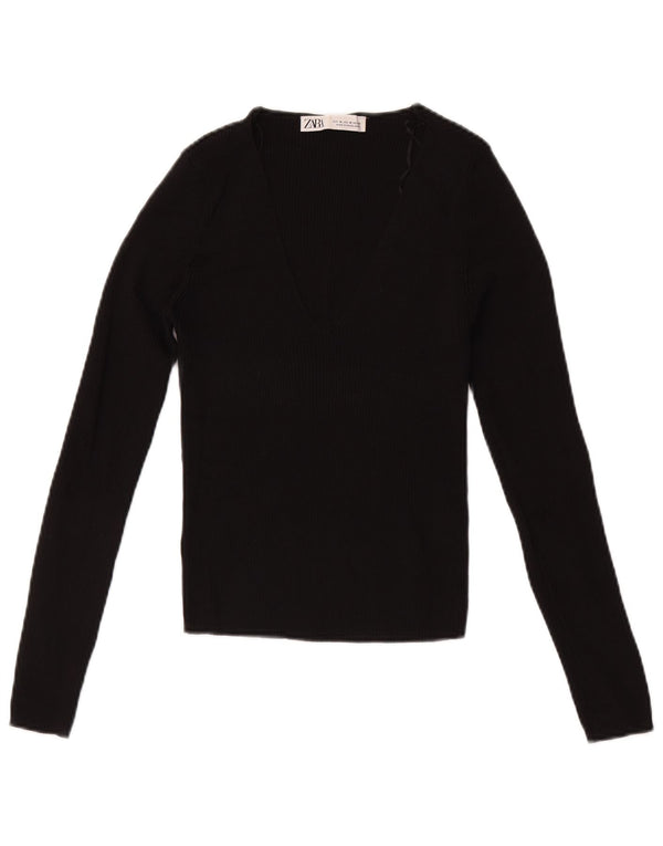 Crop Top pentru femei Zara cu mânecă lungă UK 12 Medium Black Viscose