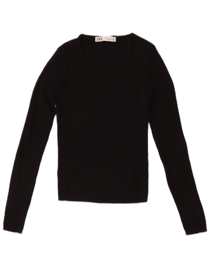Crop Top pentru femei Zara cu mânecă lungă UK 12 Medium Black Viscose