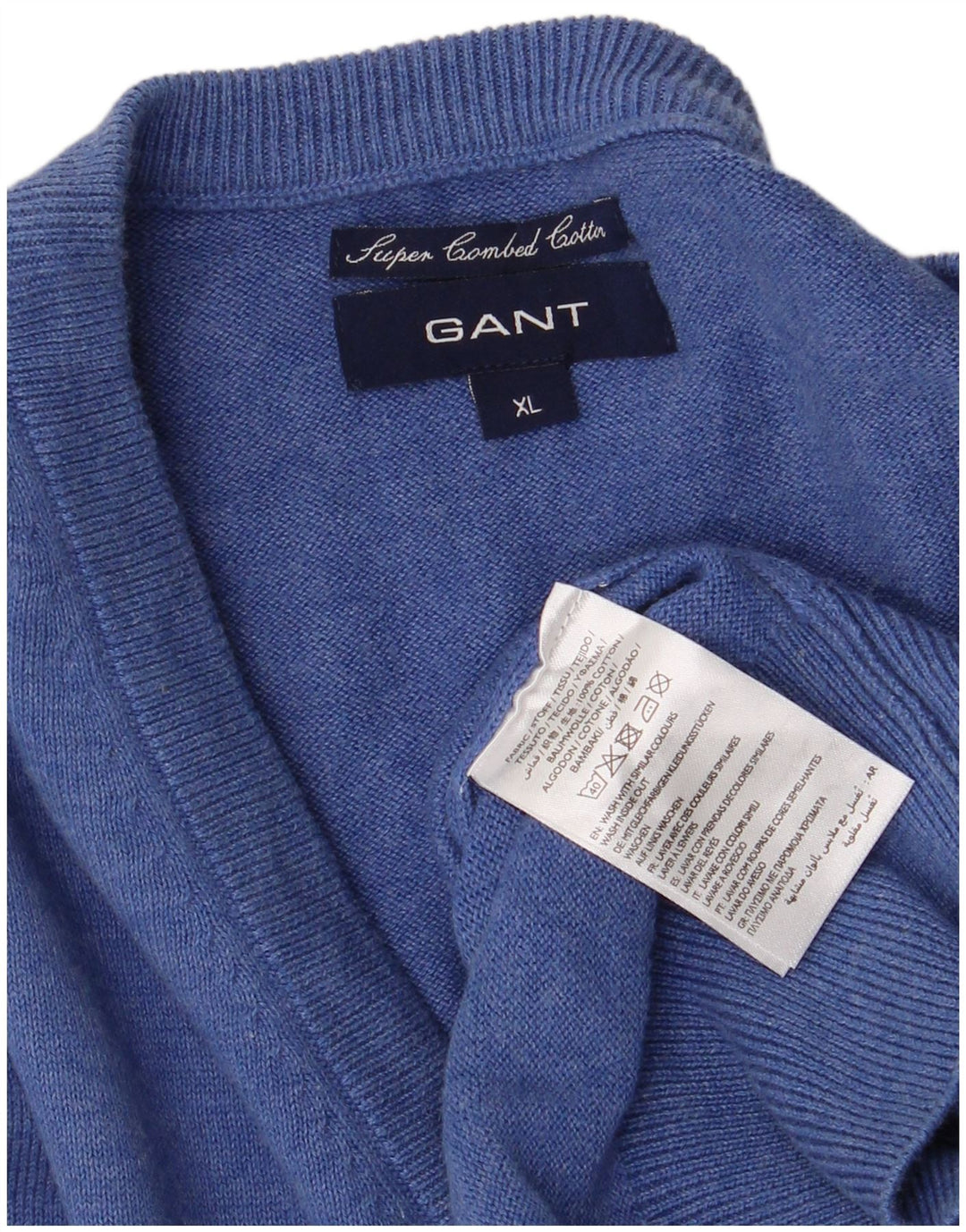 Pulover pentru bărbați Gant cu decolteu în V, XL, bumbac, albastru