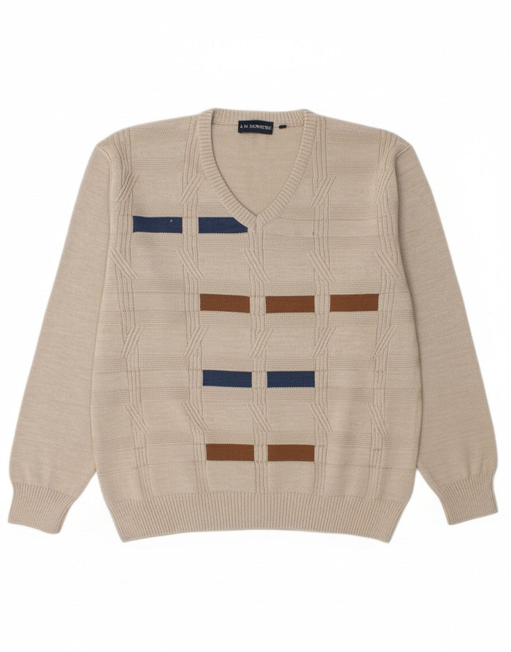 A.W.DUNMORE Mens V-Neck Jumper Sweater Large Beige Geometric Wool