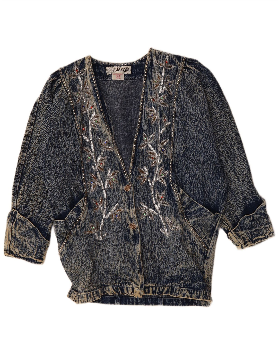 JAZZINO Jachetă de blugi supradimensionată pentru femei cu mâneci 3/4 UK 18 XL Albastru Floral