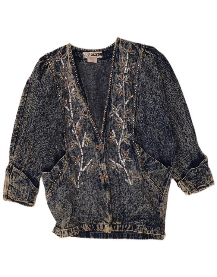JAZZINO Jachetă de blugi supradimensionată pentru femei cu mâneci 3/4 UK 18 XL Albastru Floral