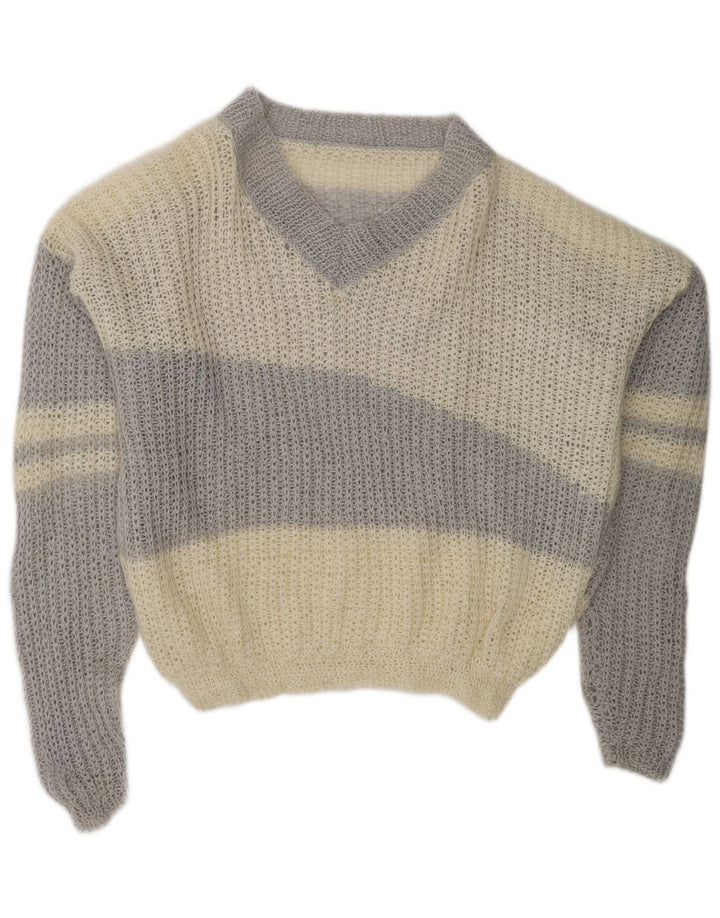 Pulover VINTAGE pentru femei cu decolteu în V UK 20 2XL alb închis de culoare