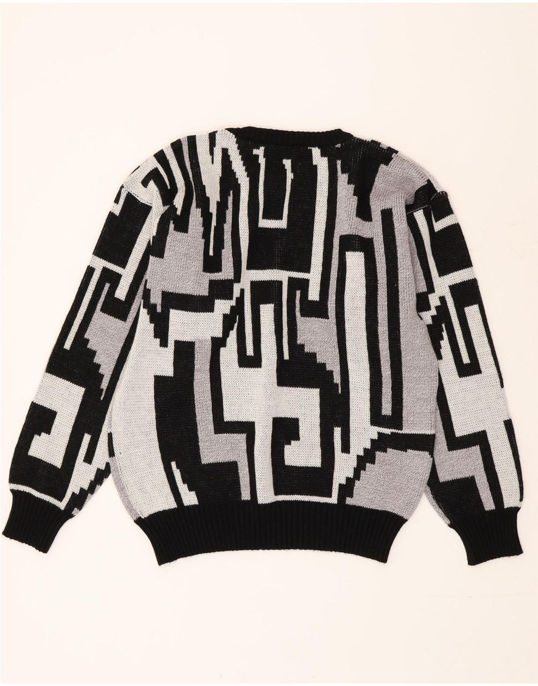 Pulover vintage pentru bărbați cu decolteu rotund, gri mediu geometric