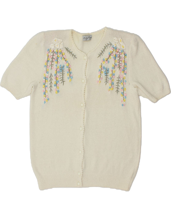 Pulover cardigan cu mânecă scurtă pentru femei VINTAGE UK 16 Lână mare, albă, florală