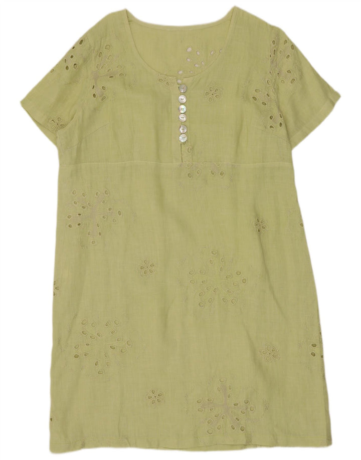 Vintage Womens See Through Shift Dress UK 12 Medium Green Linen