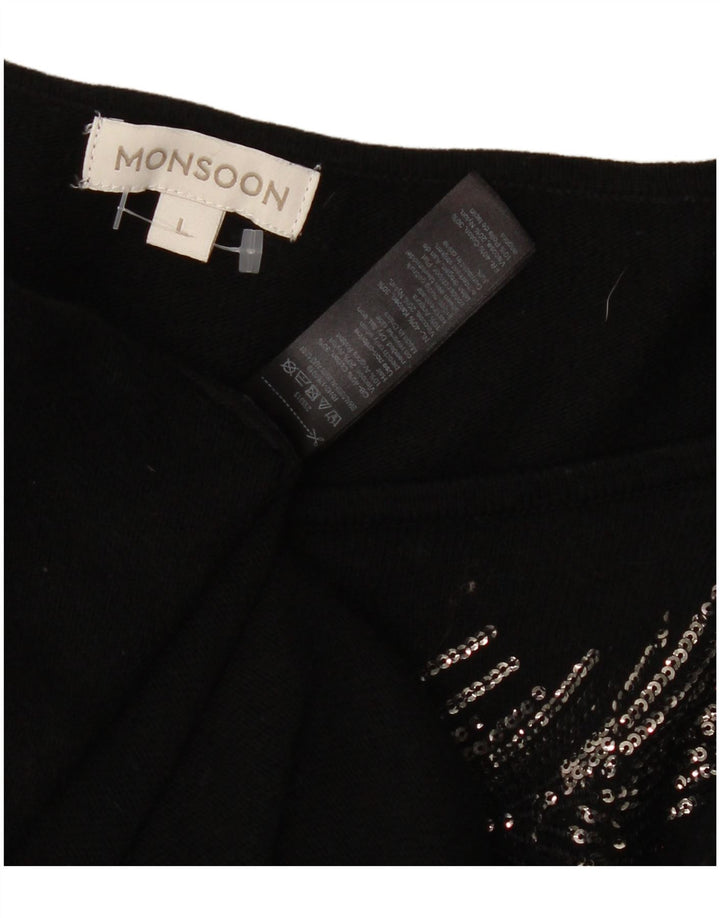 MONSOON Rochie cu pulover cu grafică pentru femei UK 16, mare, negru, bumbac