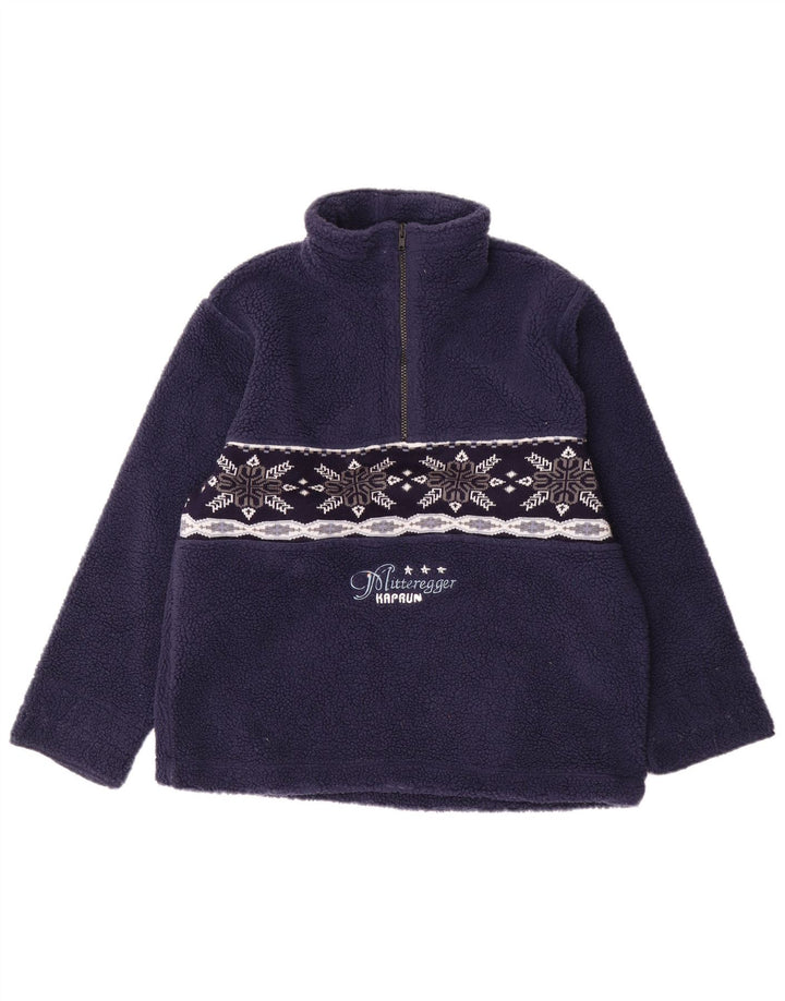 Pulover VINTAGE pentru femei, cu fermoar și gât, din fleece UK 16, mare, albastru marin Fair Isle