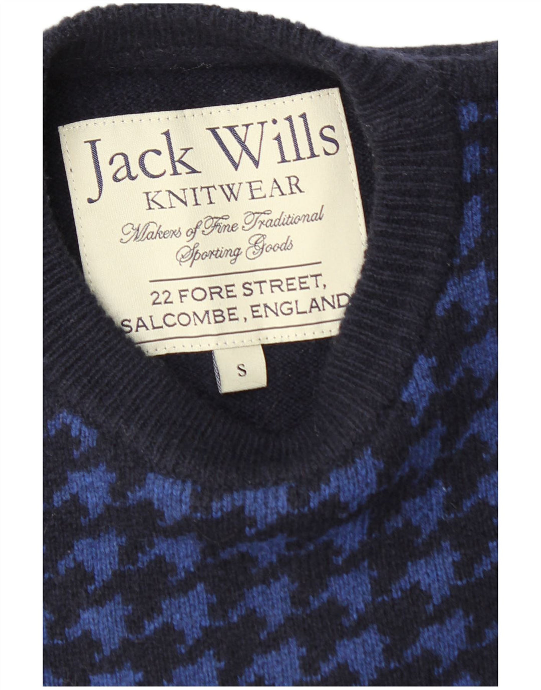 JACK WILLS Mens Crew Neck Jumper Sweater Small Navy Blue Houndstooth