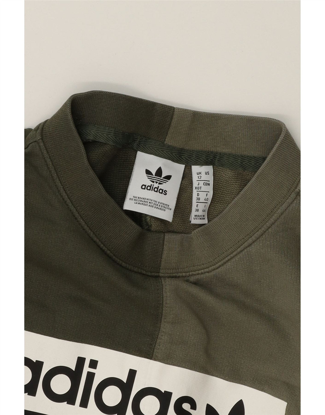 ADIDAS Womens Oversized Sweatshirt Jumper UK 12 Medium Khaki Colourblock Vintage Adidas and Second-Hand Adidas from Messina Hembry 