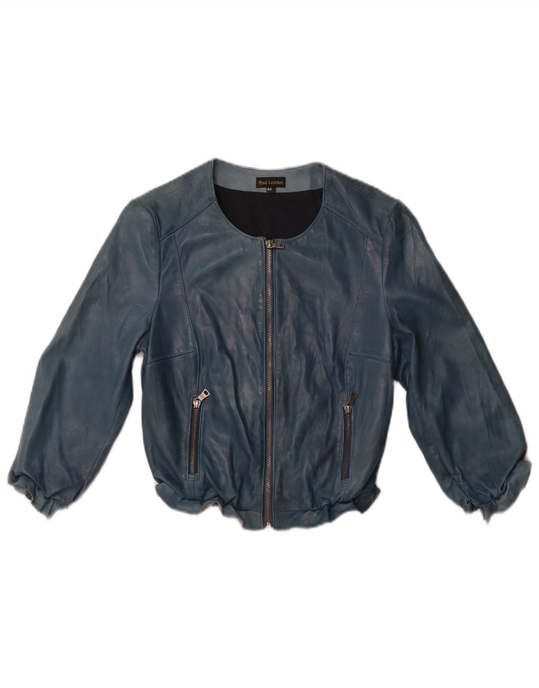 Jachetă de piele VINTAGE pentru femei, crop cu mâneci 3/4, IT 44, piele albastră medie