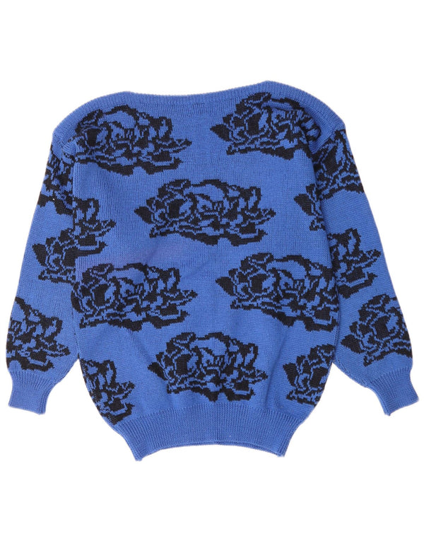 Pulover vintage pentru femei cu gât de barcă UK 14 Medium Blue Floral