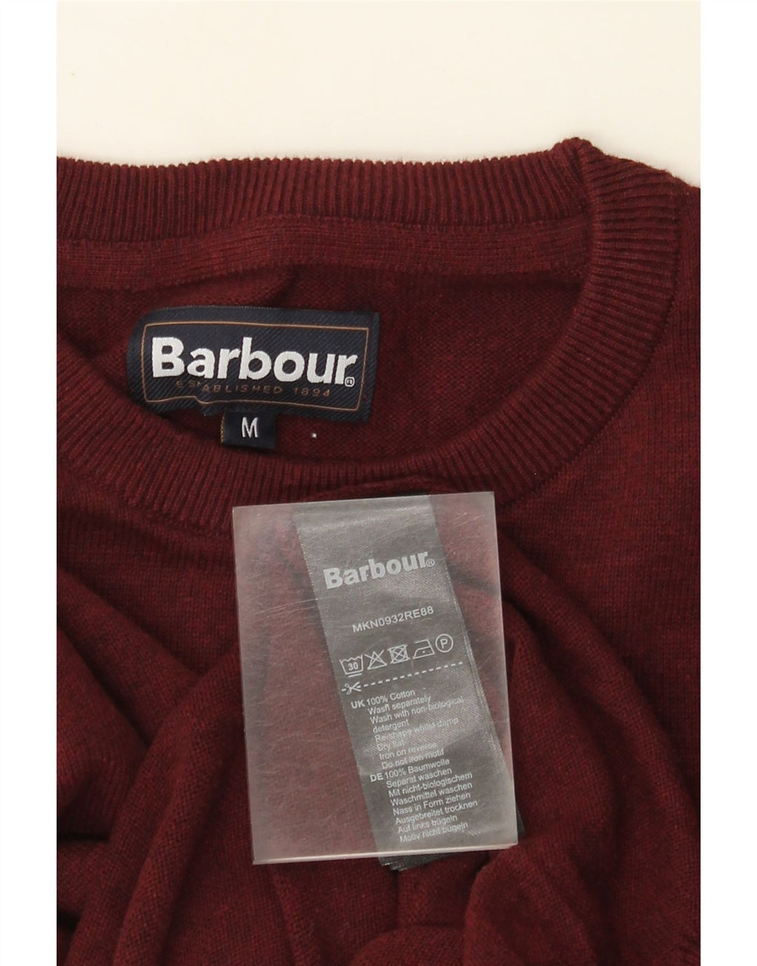 Pulover Barbour pentru bărbați cu gât roșu, bumbac mediu burgundă