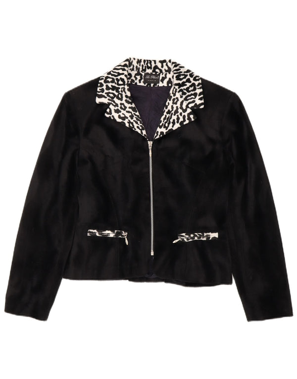 Jachetă vintage pentru femei din catifea cu fermoar complet, UK 10, cu imprimeu animal mic, negru