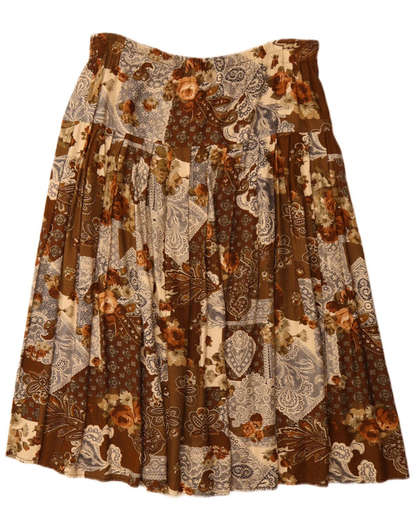 Fusta evazată plisată pentru femei Vintage W36 XL maro viscoză florală