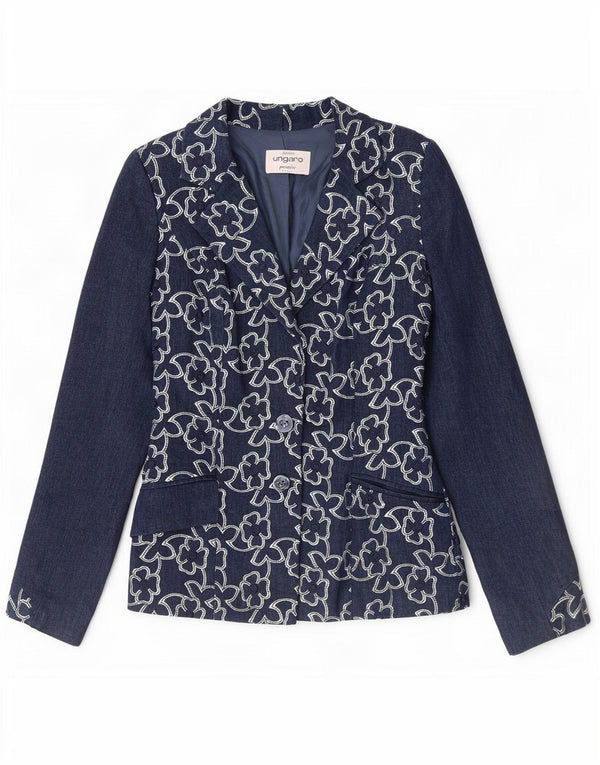 Sacou blazer pentru femei Ungaro cu 2 nasturi UK 8 mic, albastru marin, floral